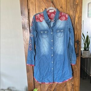 Tasha Polizzi Denim Shirt Dress with Red Bandana Accents